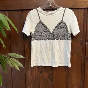 Zara Trafaluc Sexy Black Lace Bralette Print T-shirt